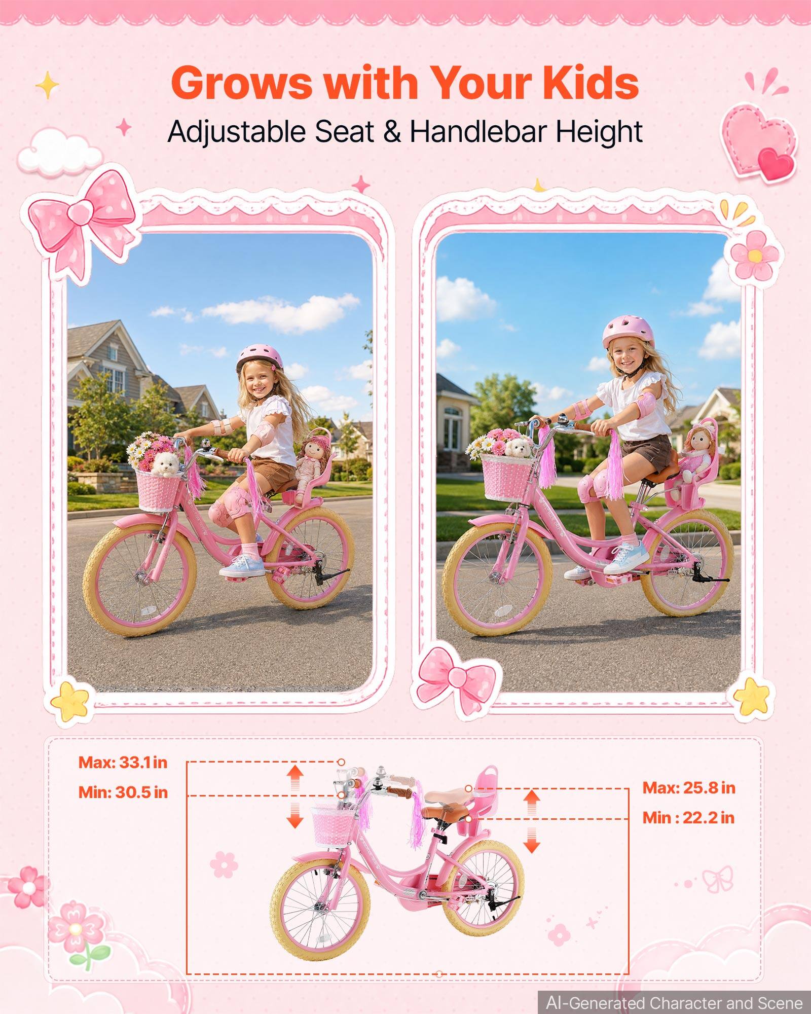 Grows with Your Kids  
Adjustable Seat & Handlebar Height  

Max: 33.1 in  
Min: 30.5 in  

Max: 25.8 in  
Min: 22.2 in  

AI-Generated Character and Scene