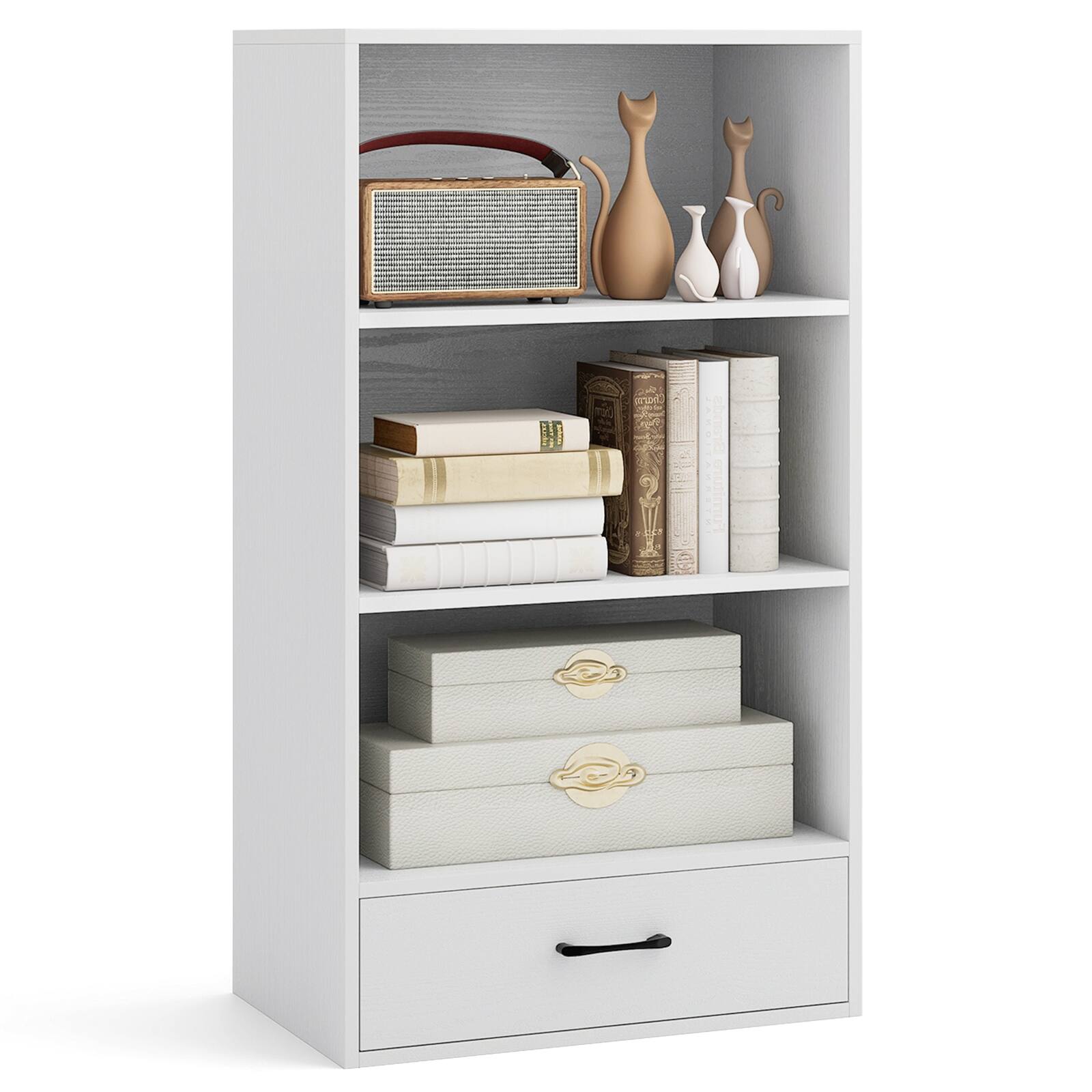 Ecooso - 4-Tier Storage Bookcase with Open Shelves Drawer and Anti-toppling Device - White