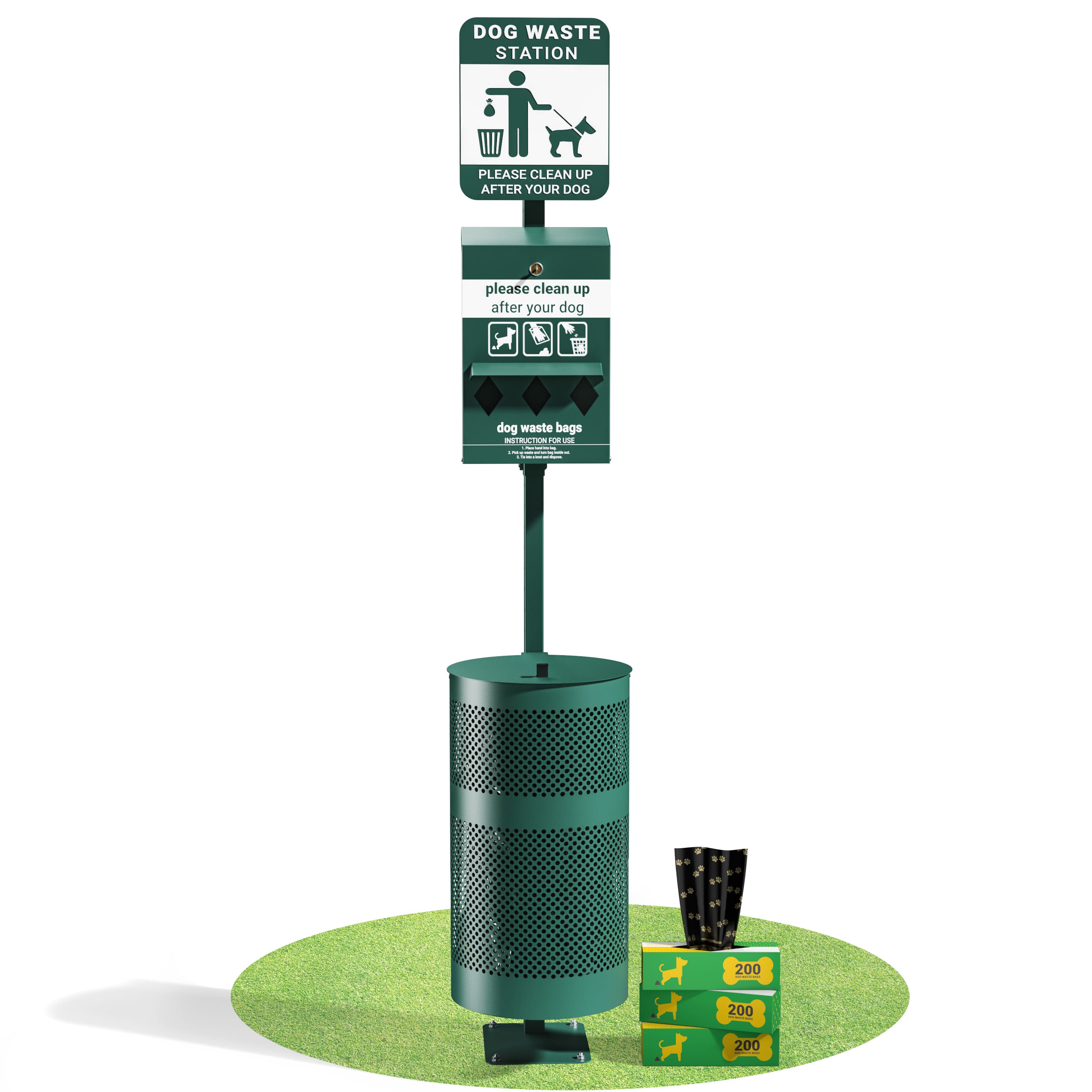 Emma + Oliver - Pet Waste Station-Roll Bag Dispenser-Sanitizer Bottle-Trash Can with Lid - Green