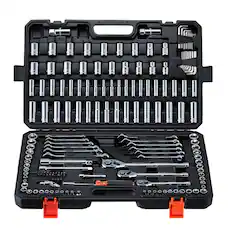 Front. VEVOR - Mechanics Tool Set, 159-Piece Mechanic Tool Kit, 1/4 in, 3/8 in, and 1/2 in Drive, SAE and Metric Socket Set, Wrenches - Black.