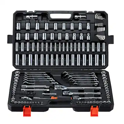 Front. VEVOR - Mechanics Tool Set, 159-Piece Mechanic Tool Kit, 1/4 in, 3/8 in, and 1/2 in Drive, SAE and Metric Socket Set, Wrenches - Black.
