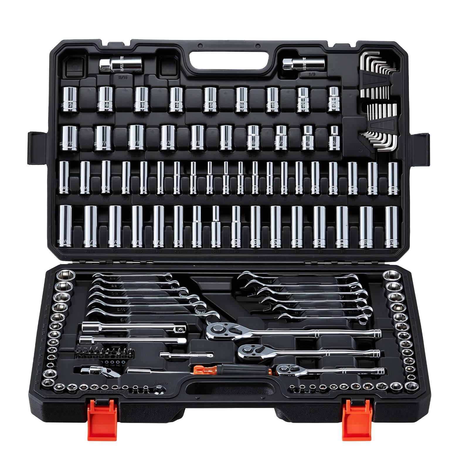 Front. VEVOR - Mechanics Tool Set, 159-Piece Mechanic Tool Kit, 1/4 in, 3/8 in, and 1/2 in Drive, SAE and Metric Socket Set, Wrenches - Black.
