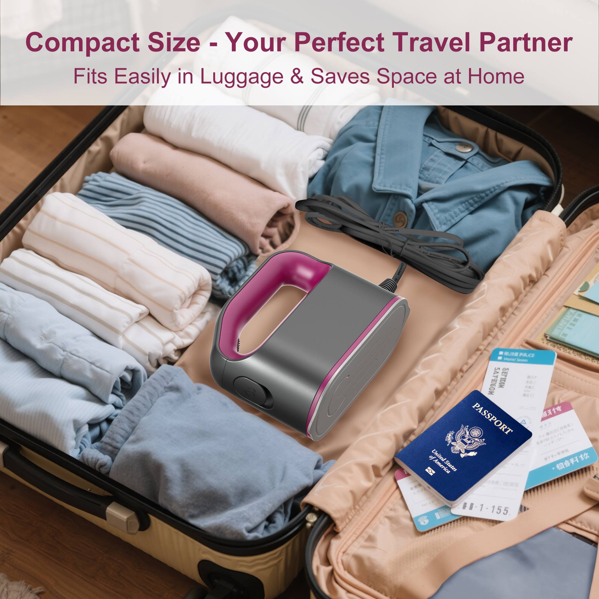 Compact Size - Your Perfect Travel Partner  
Fits Easily in Luggage & Saves Space at Home  

PASSPORT  
88-1-155