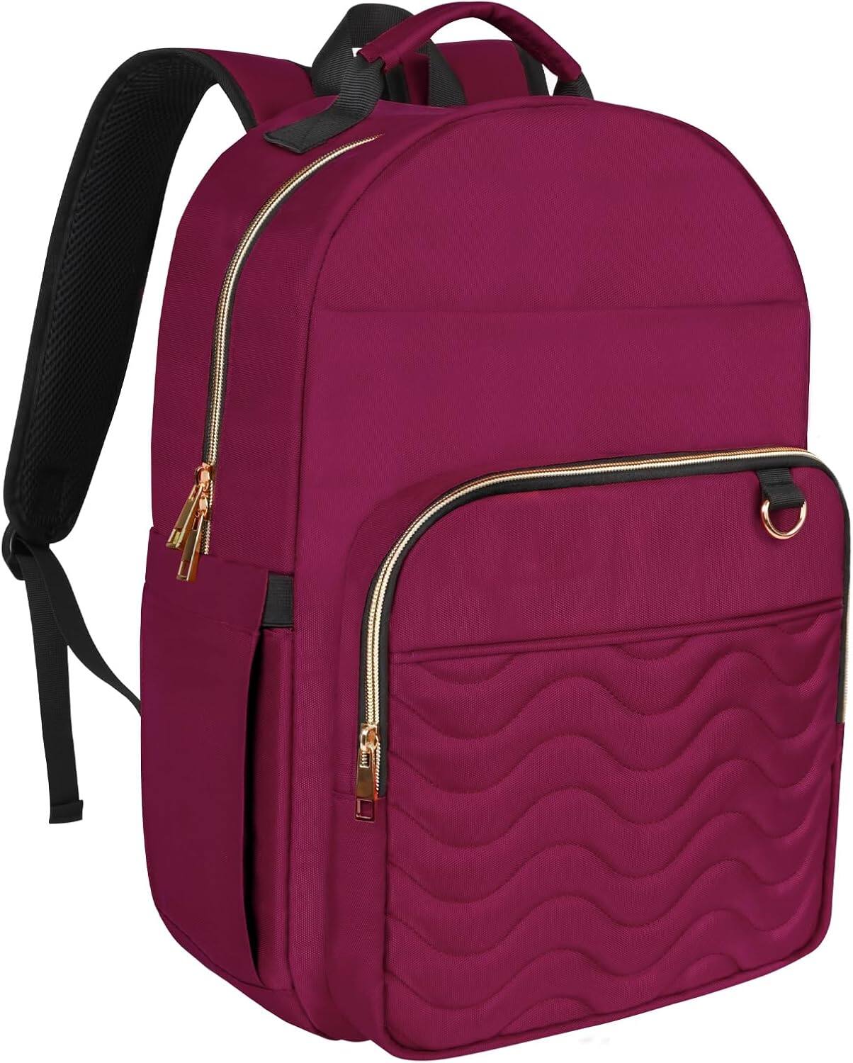 Live At Space - Travel Laptop Backpack women, Work Woman Charging Port, Water Resistant College Backpack, Stylish Quilted Girls - Red