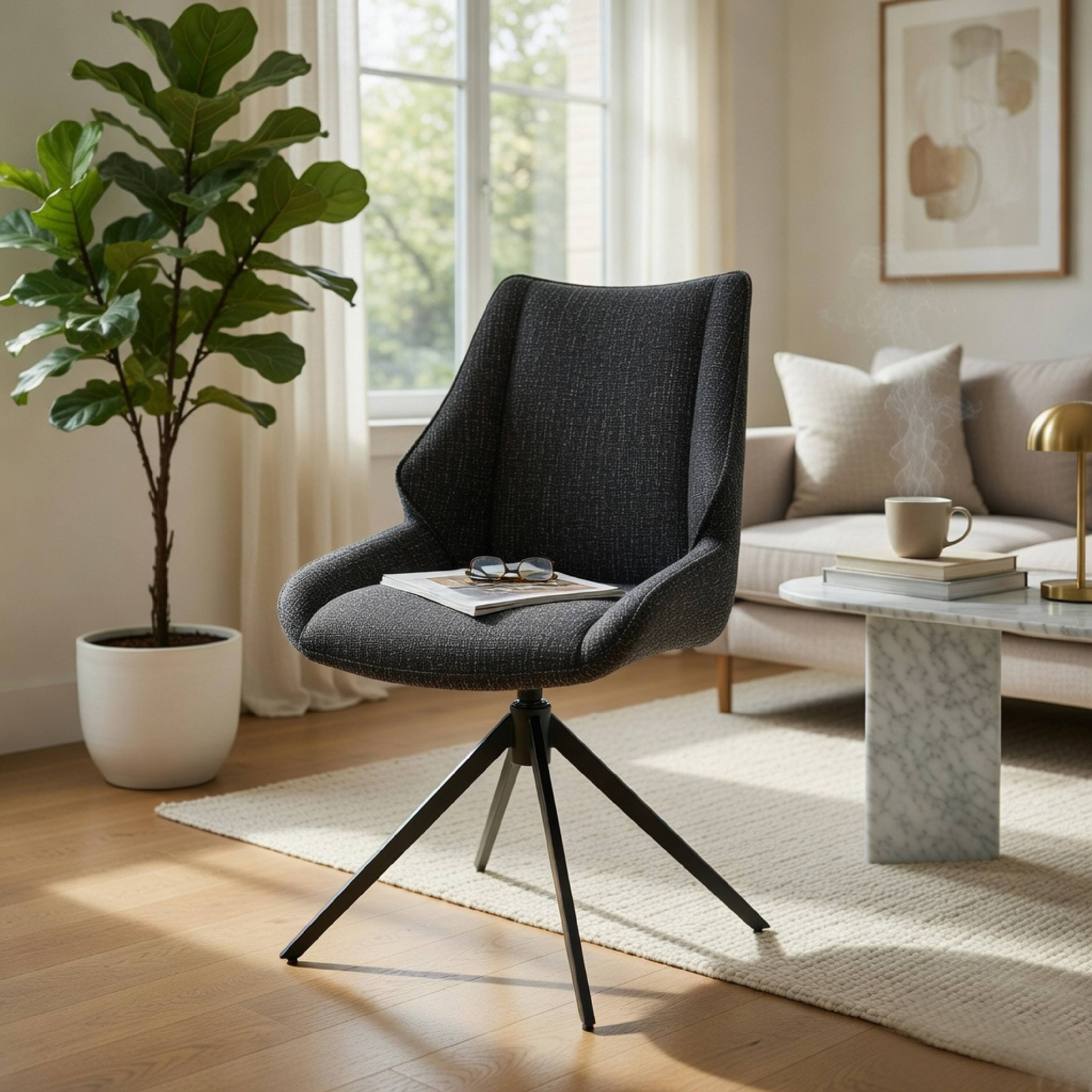 Alt View 7. Manhattan Lane - Maik Swivel Side Chair Set of 2, Wingback, Star Iron Base, Brown Chenille - Brown, Black.