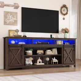 Lent Glitter Wood - Farmhouse TV Stand for 90 inch TVs, Rustic Entertainment Center TV Cabinet Stands with Power Outlets and LED lights - Brown