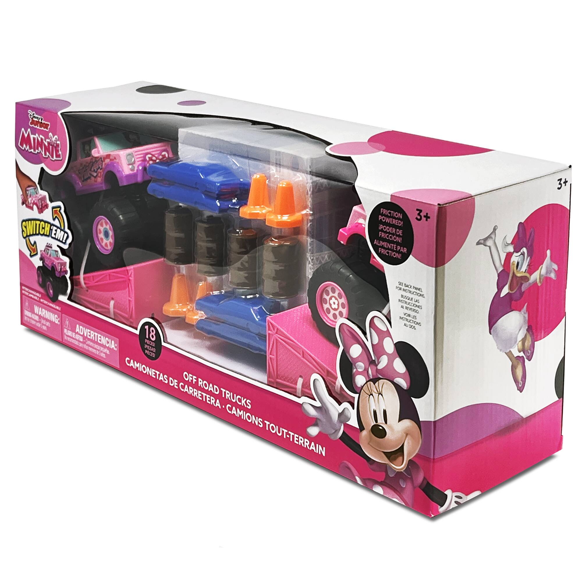 The text on the image is in Spanish, so it is not possible to group and correct it without understanding the language. However, the image shows a box of a toy car with a Mickey Mouse character on it.