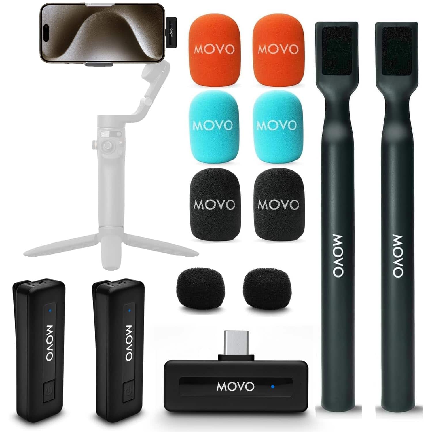 MOVO - Wireless Mini UC Duo Dual Ultra Compact Wireless Lavalier Microphones for iPhone 15 and up with Handheld Adapter