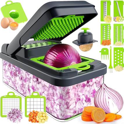 Front. PARKER SLATER - 12-in-1 Vegetable Chopper with 7 Blades, Food Cutter and Grater with Container, Kitchen Gadget for Home Use - Green.