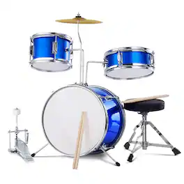 Glintex - Electric Drum Set 3-Piece 14in Beginner Drum Kit with Adjustable Throne Cymbal Pedal Drumsticks for Kids Learners - Blue