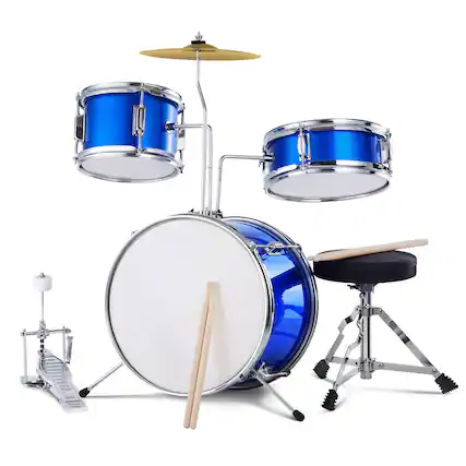 Front. Glintex - Electric Drum Set 3-Piece 14in Beginner Drum Kit with Adjustable Throne Cymbal Pedal Drumsticks for Kids Learners - Blue.