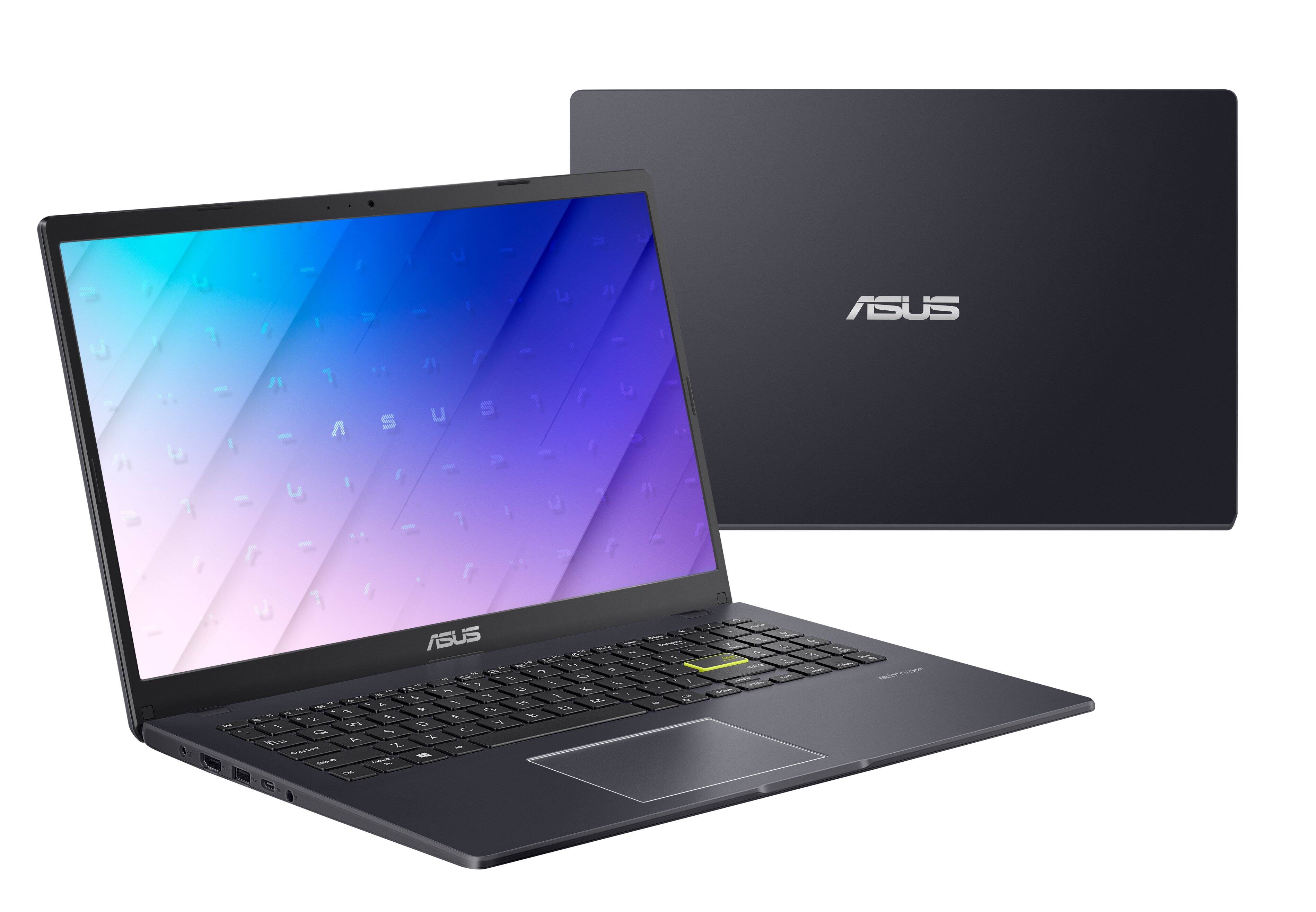 The image features an ASUS laptop computer with a touchpad and keyboard. The laptop is open and positioned next to a larger monitor, possibly an external display. The laptop is placed on a white background, making it the main focus of the image.
