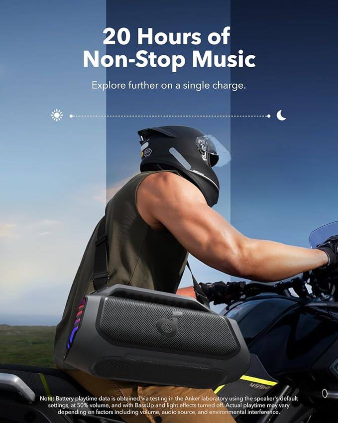 20 Hours of Non-Stop Music  
Explore further on a single charge.  

Note: Battery playtime data is obtained via testing in the Anker laboratory using the speaker's default settings, at 50% volume, and with BassUp and light effects turned off. Actual playtime may vary depending on factors including volume, audio source, and environmental interference.