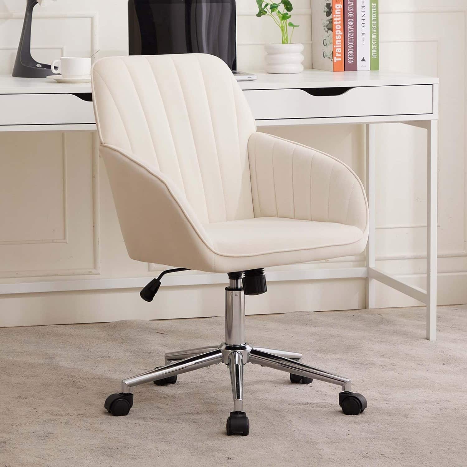 Trinkets Crazed - 24.6" Velvet Office Chair, Ergonomic Swivel Desk Chair with Memory Foam Seat - Adjustable Height Computer Chair - beige