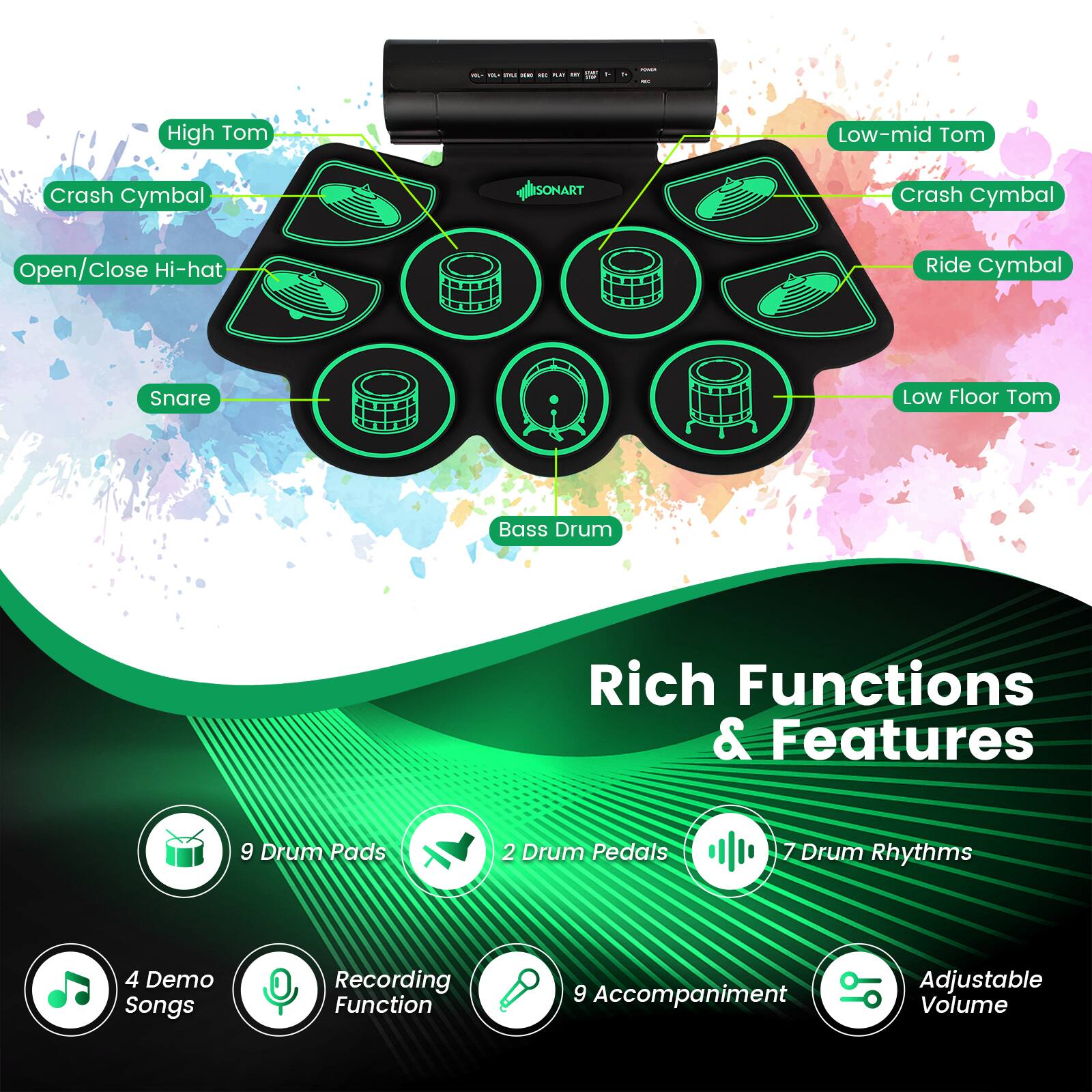 Rich Functions & Features

- 9 Drum Pads
- 2 Drum Pedals
- 7 Drum Rhythms
- 4 Demo Songs
- Recording Function
- 9 Accompaniment
- Adjustable Volume

Drum Pads:
- High Tom
- Crash Cymbal
- Open/Close Hi-hat
- Snare
- Bass Drum
- Low-mid Tom
- Crash Cymbal
- Ride Cymbal
- Low Floor Tom