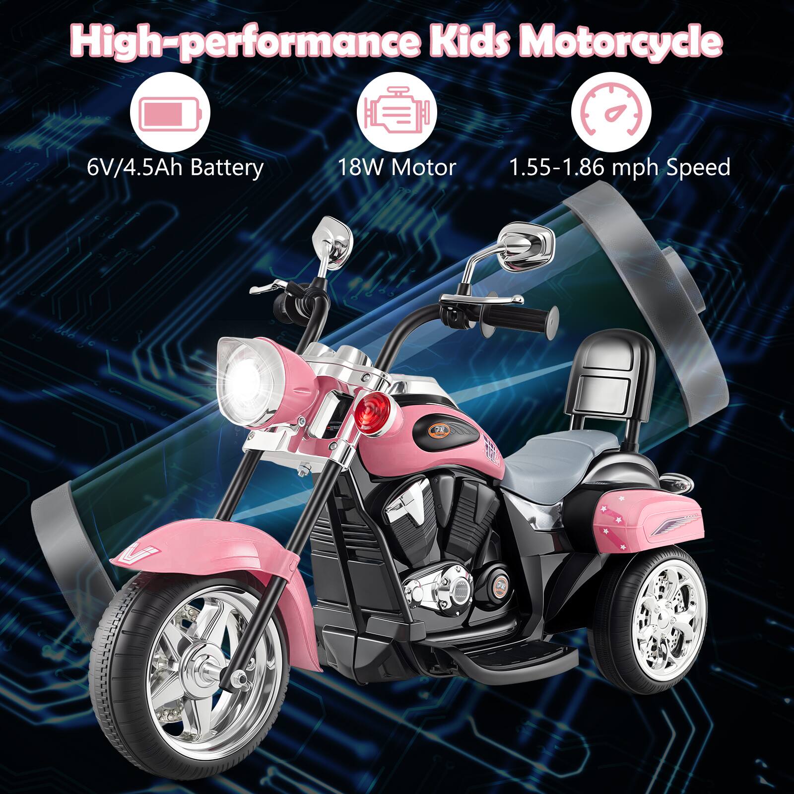 High-performance Kids Motorcycle

- 6V/4.5Ah Battery
- 18W Motor
- 1.55-1.86 mph Speed