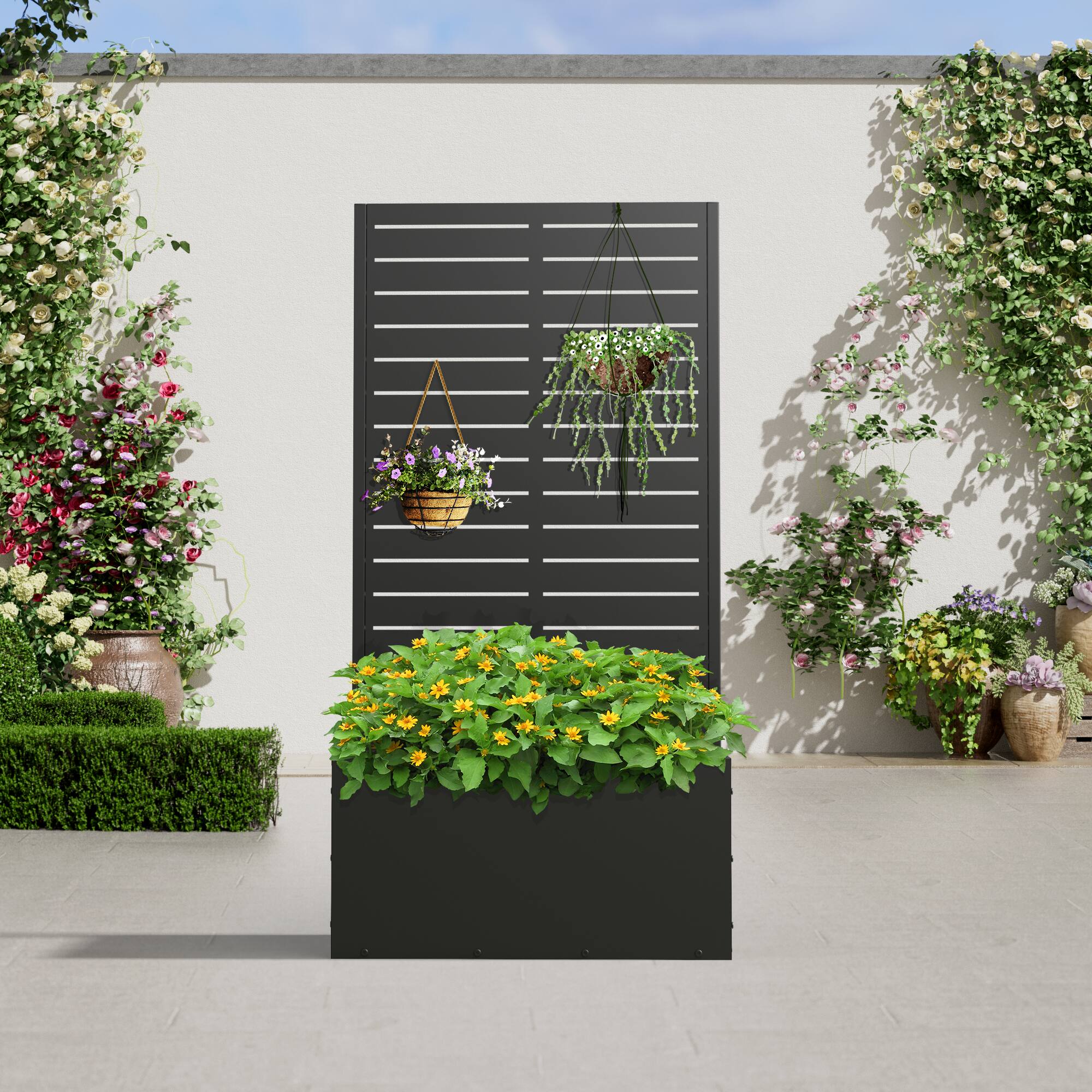 Front. PexFix - 47 in. H x 24 in. W Louvered Pattern Rectangle Metal Planter Box Raised Garden Beds with Trellis-Ideal for Balcony - Black.