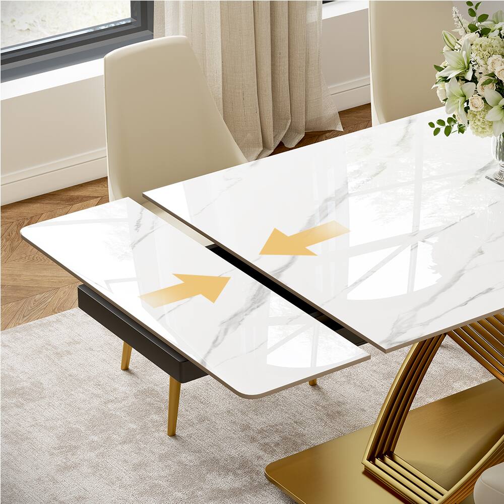 Alt View 4. POVISON - 55"-79" Modern Luxury Extendable Dining Table for 4-6, White Glossy Sintered Stone Top with Titanium Gold X-Base - White.