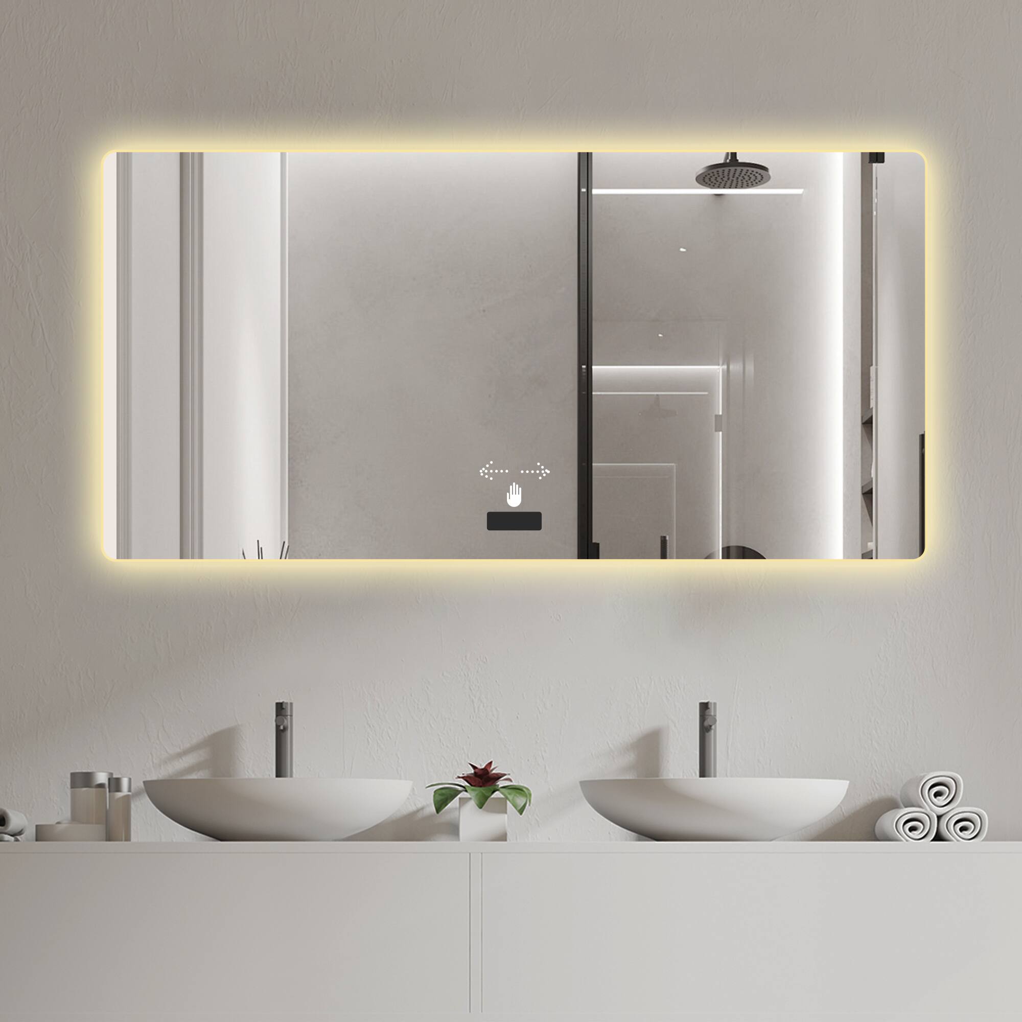 Alt View 9. Ecooso - 48x32in Frameless LED Bathroom Mirror, Backlit, Tri-Color Dimming, Waterproof, Anti-Fog Sensor - Silver.