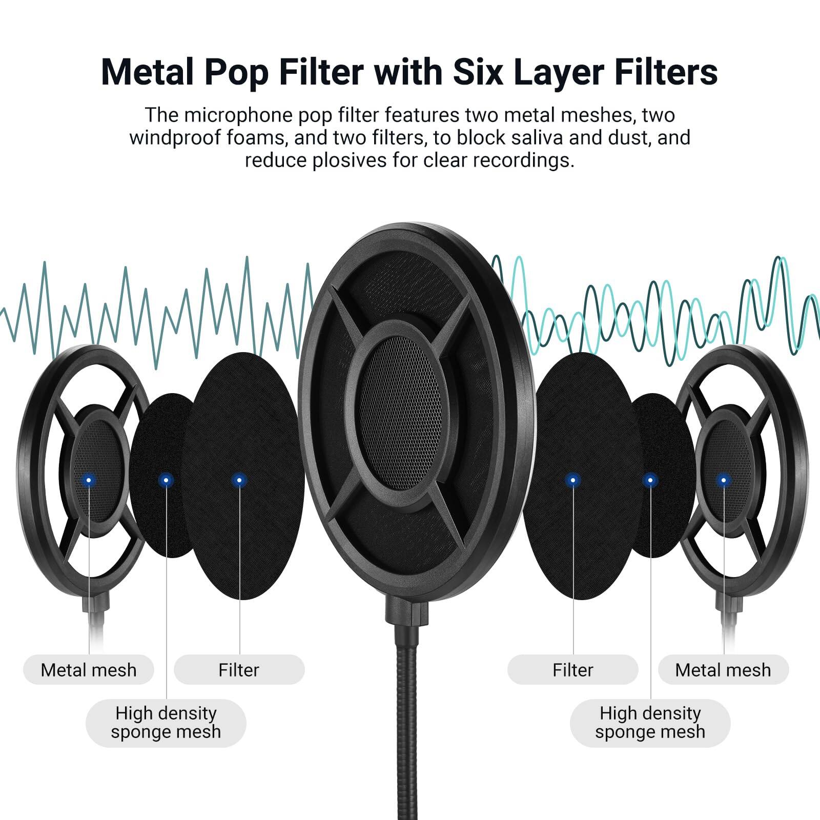Metal Pop Filter with Six Layer Filters

The microphone pop filter features two metal meshes, two windproof foams, and two filters, to block saliva and dust, and reduce plosives for clear recordings.

- Metal mesh
- Filter
- High density sponge mesh
- Filter
- Metal mesh
- High density sponge mesh