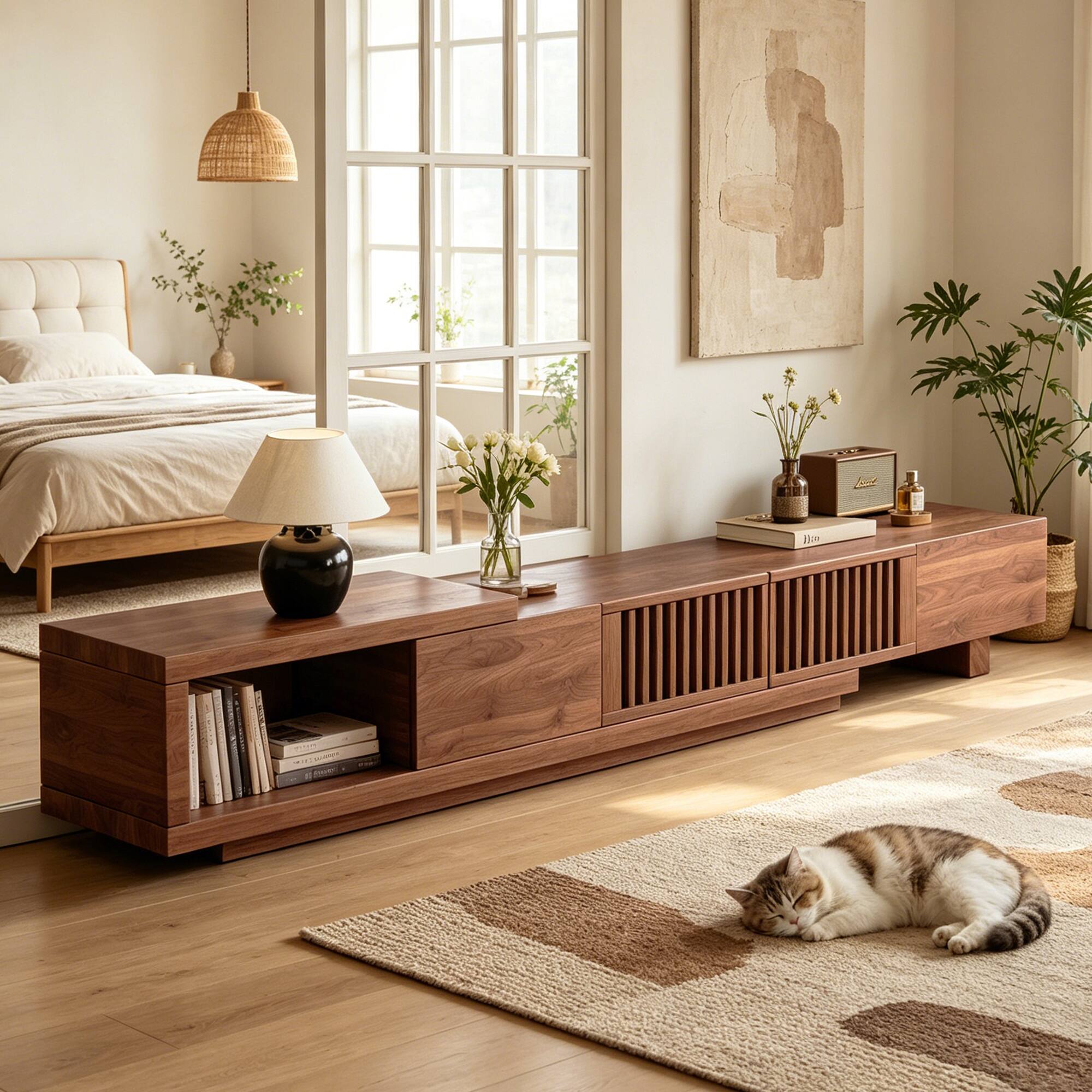 Alt View 5. luck idea - 78.54" Extendable TV stand, and Media Console & Entertainment Centers with Large Storage Space - Walnut color.