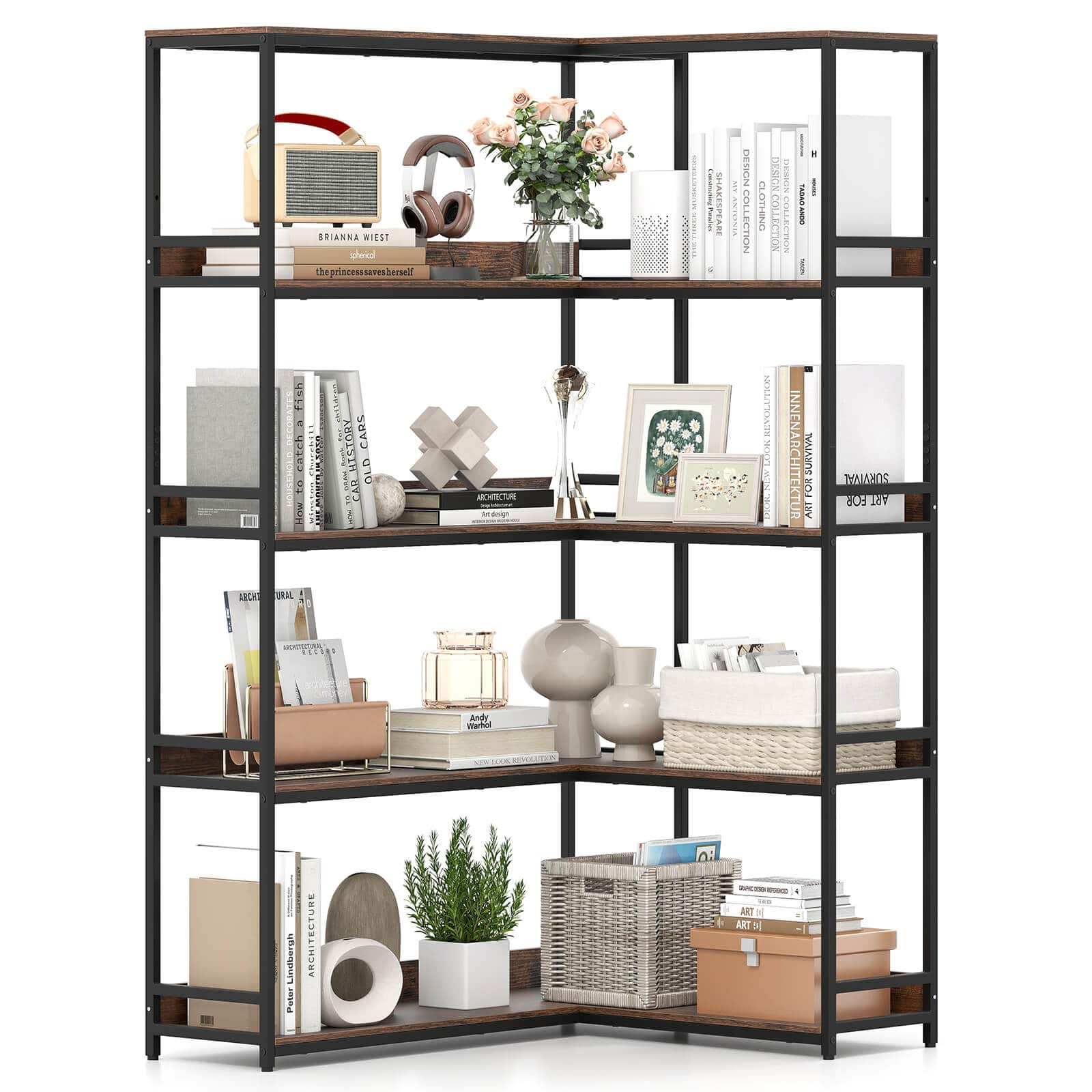 Costway - Corner Bookshelf 5-Tier L-Shaped Bookcase 71" Tall Etagere Bookshelf with Metal Frame Brown - Rustic Brown