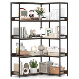 Costway - Corner Bookshelf 5-Tier L-Shaped Bookcase 71" Tall Etagere Bookshelf with Metal Frame Brown - Rustic Brown