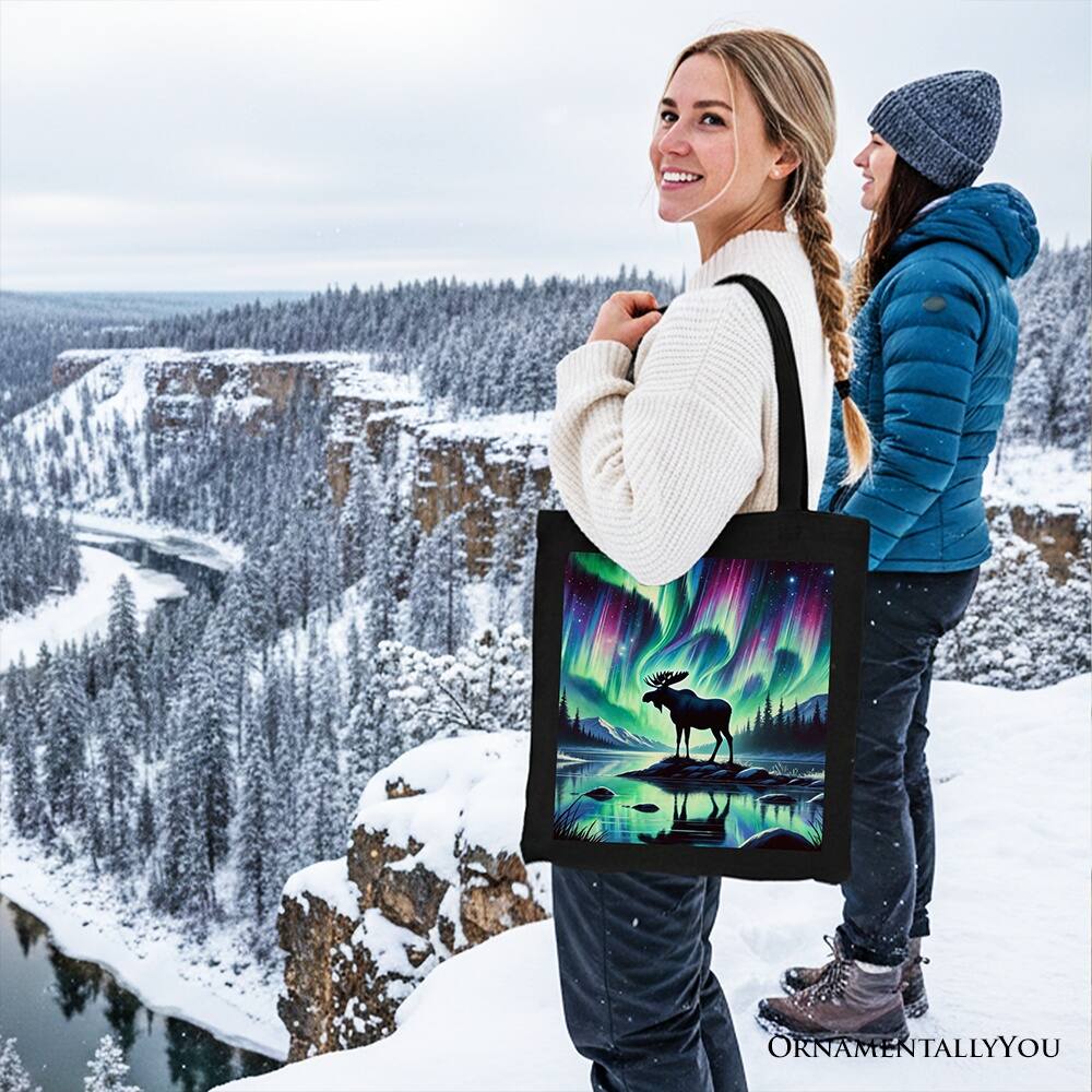 Back. OrnamentallyYou - Majestic Moose Under Northern Lights Canvas Tote Bag, Gift Shopper for Enchanted Christmas - Black.