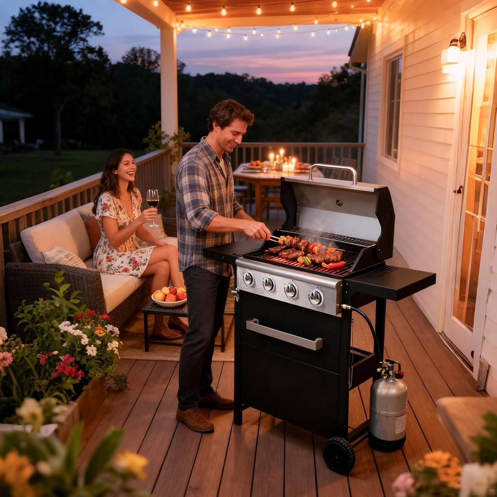 Alt View 1. Chateau Abodes - 4-Burner Propane Gas Grill with Waterproof Cover, 36,000 BTU, Stainless Steel for Outdoor BBQ, Camping, Backyard - Black, Sliver.