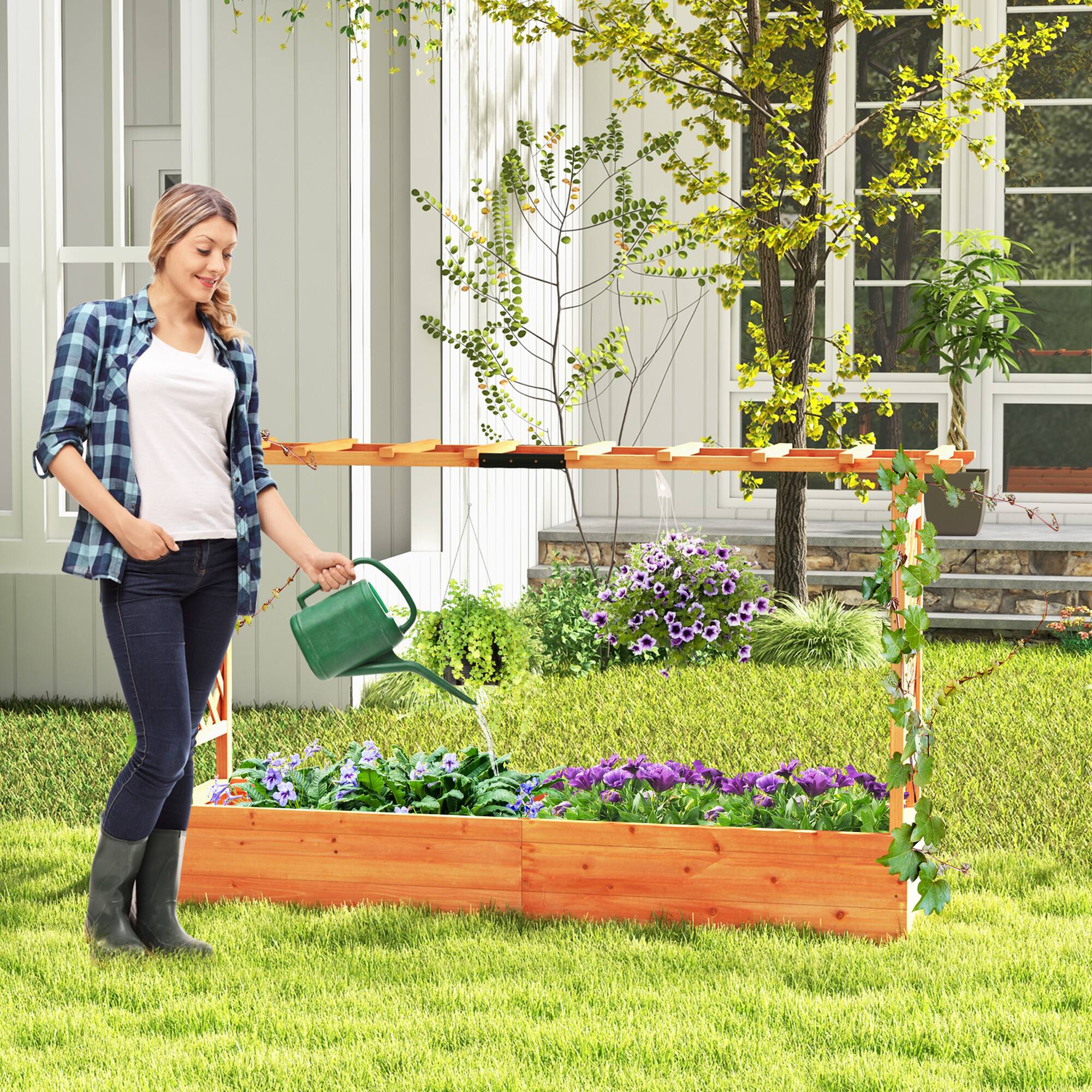 Alt View 3. Costway - 1 PCS Raised Garden Bed with Trellis Hanging Roof Planter Box Drainage Holes for Patio - Natural.