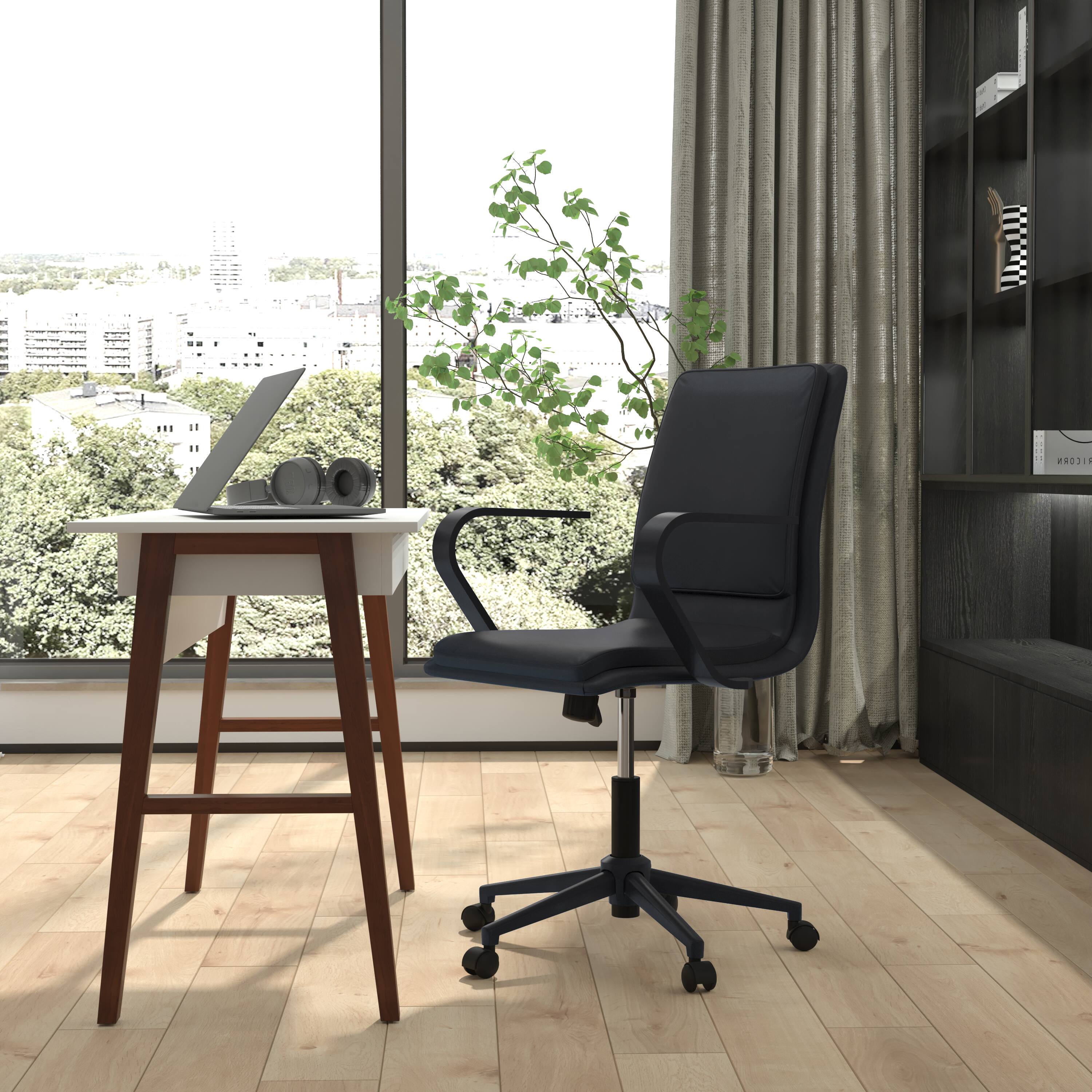Alt View 1. Emma + Oliver - Ziva Modern Upholstered Mid-Back Home Office Chair with Arms and 5 Star Base - Black LeatherSoft/Black Frame.