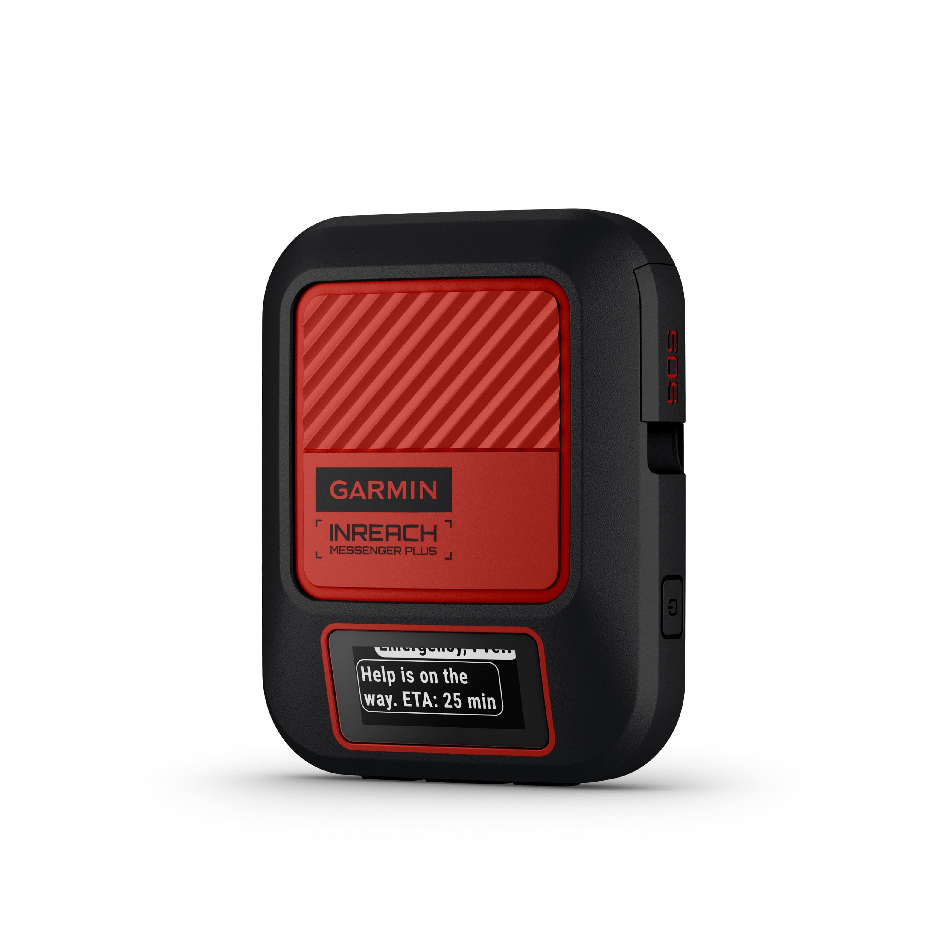 The image features a small red and black device, which is a Garmin InReach Messenger Plus. The device is designed to provide communication and safety features in remote locations. The text on the image reads "Help is on the way. ETA: 25 min," indicating that the user has initiated a call for assistance and the estimated time of arrival for the help is 25 minutes. The device is likely used for emergency situations or when help is needed in remote areas where traditional communication methods may not be available.