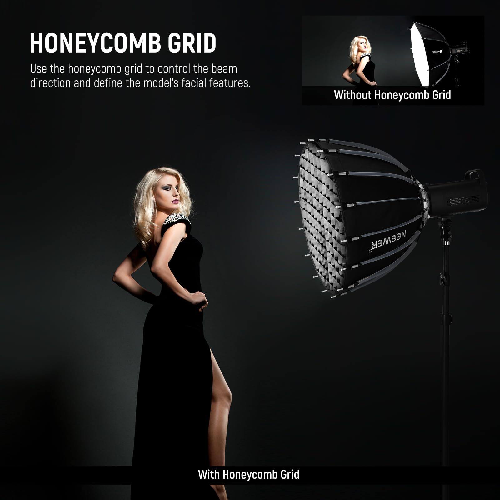 HONEYCOMB GRID

Use the honeycomb grid to control the beam direction and define the model's facial features.

Without Honeycomb Grid

With Honeycomb Grid