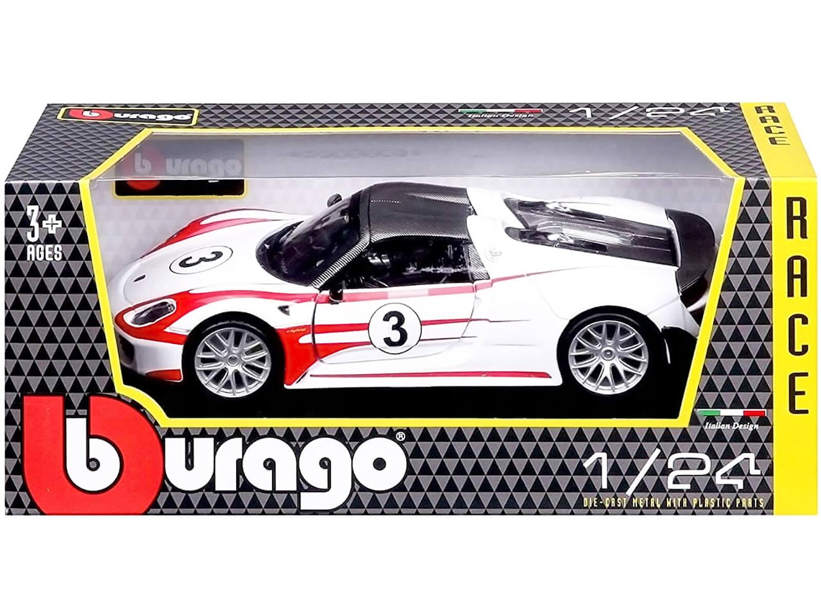 Sure, here is the corrected text:

"Burago TEC A HO0 RCE b urago 3+ AGES 3 - 3 RACE Italian Design d urago 1/24 A DIE-CAST METAL WITH PLASTIC PARTS"
