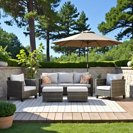 Front. Ovios - 5 PCS Outdoor Patio Furniture Set, 3 Seat Wicker Sofa with Cushions & Ottoman for Garden Porch Backyard - Grey.