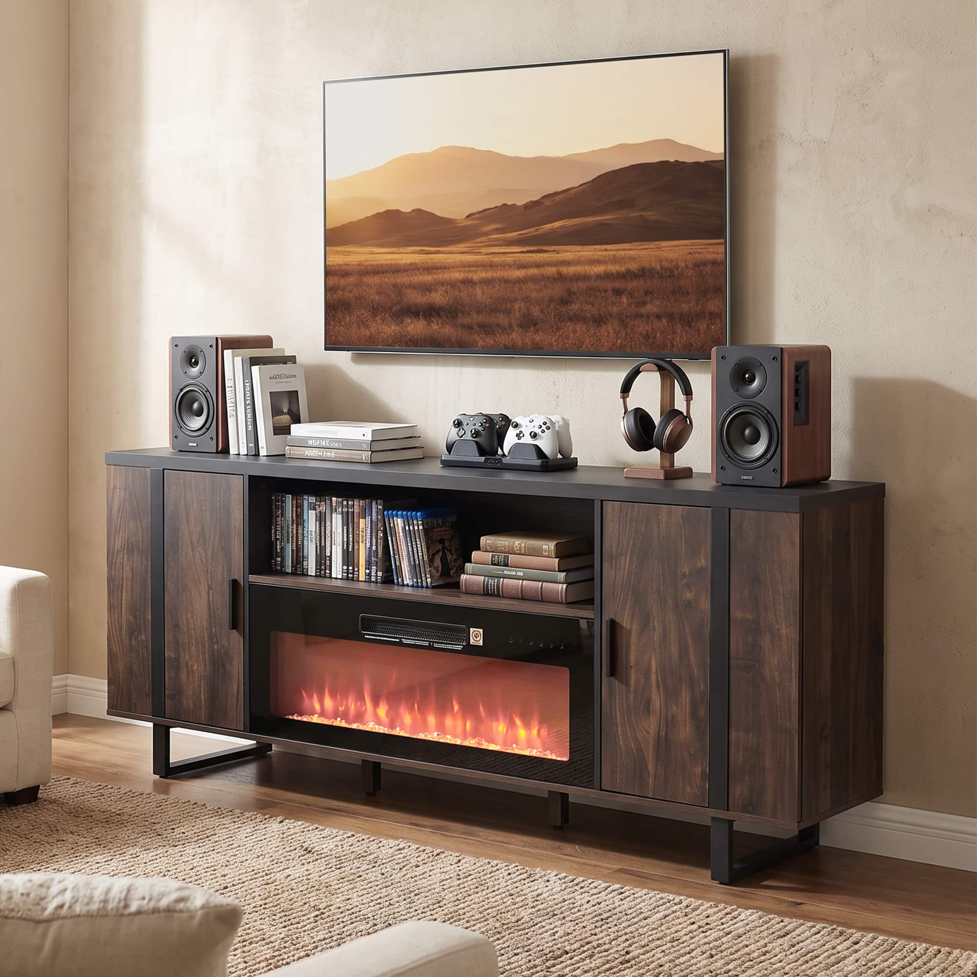 Parrot Uncle - 72" Modern Fireplace TV Stand Console Table with 36" Electric Fireplace and Open Storage Shelves for TV up to 80" - Brown