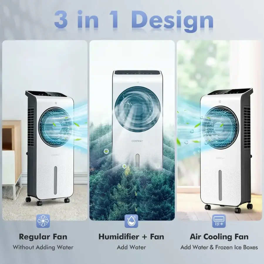 3 in 1 Design:

1. Regular Fan:
2. Humidifier + Fan:
3. Air Cooling Fan:
4. Add Water & Frozen Ice Boxes: