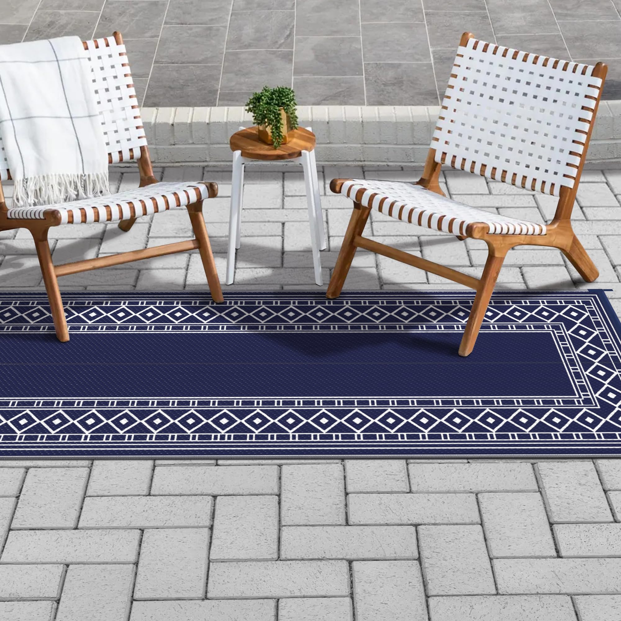 Alt View 1. Reds Spade - Outdoor Rug Waterproof For Patio 2.Foldable Reversible Plastic Straw Runner Carpet Porch Outside Area Mat R... - Navy Blue & White | Natural-2'6" x 8' (Runner).