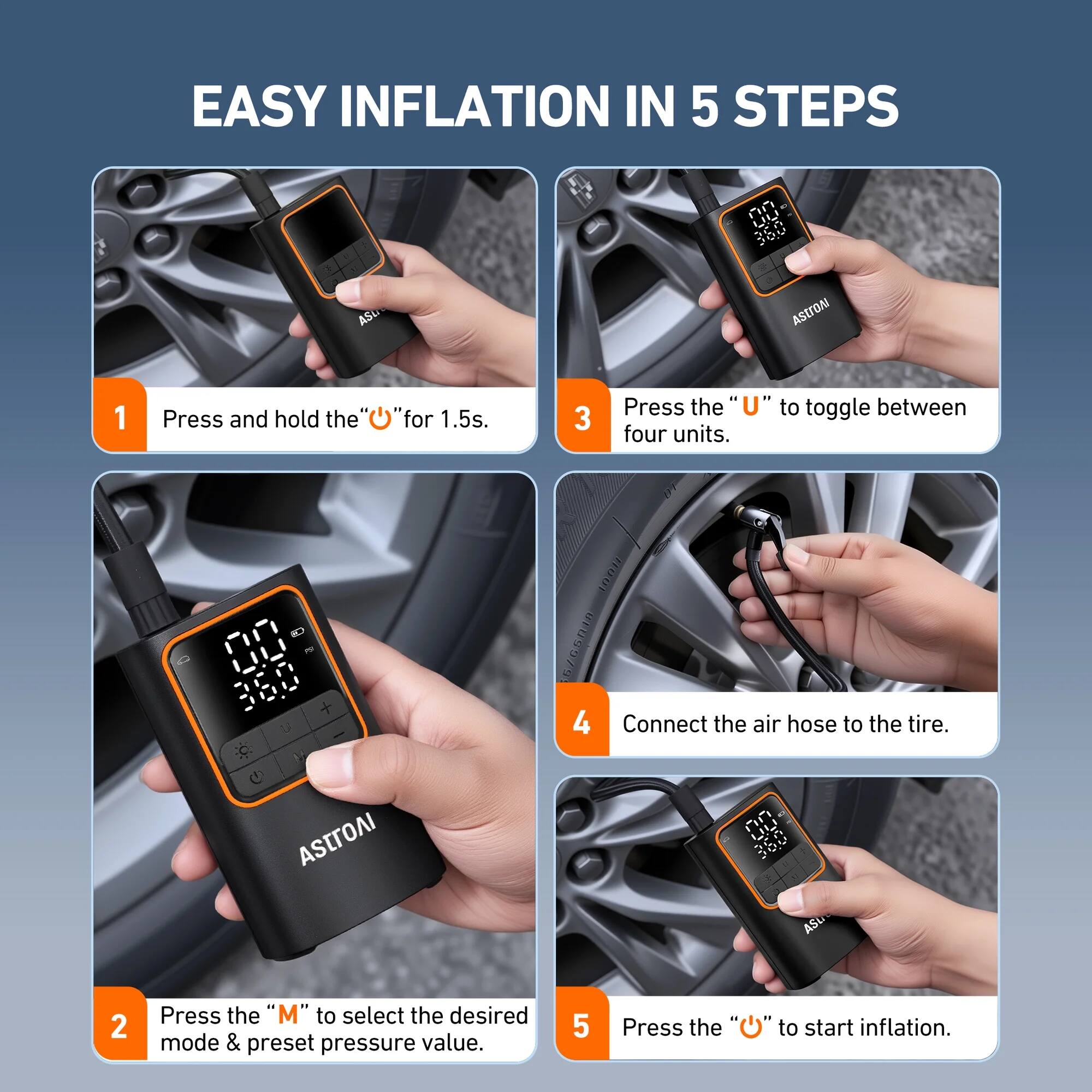 EASY INFLATION IN 5 STEPS

1. Press and hold the "for 1.5s.
2. Press the "M" to select the desired mode & preset pressure value.
3. Press the "U" to toggle between four units.
4. Connect the air hose to the tire.
5. Press the "to start inflation.