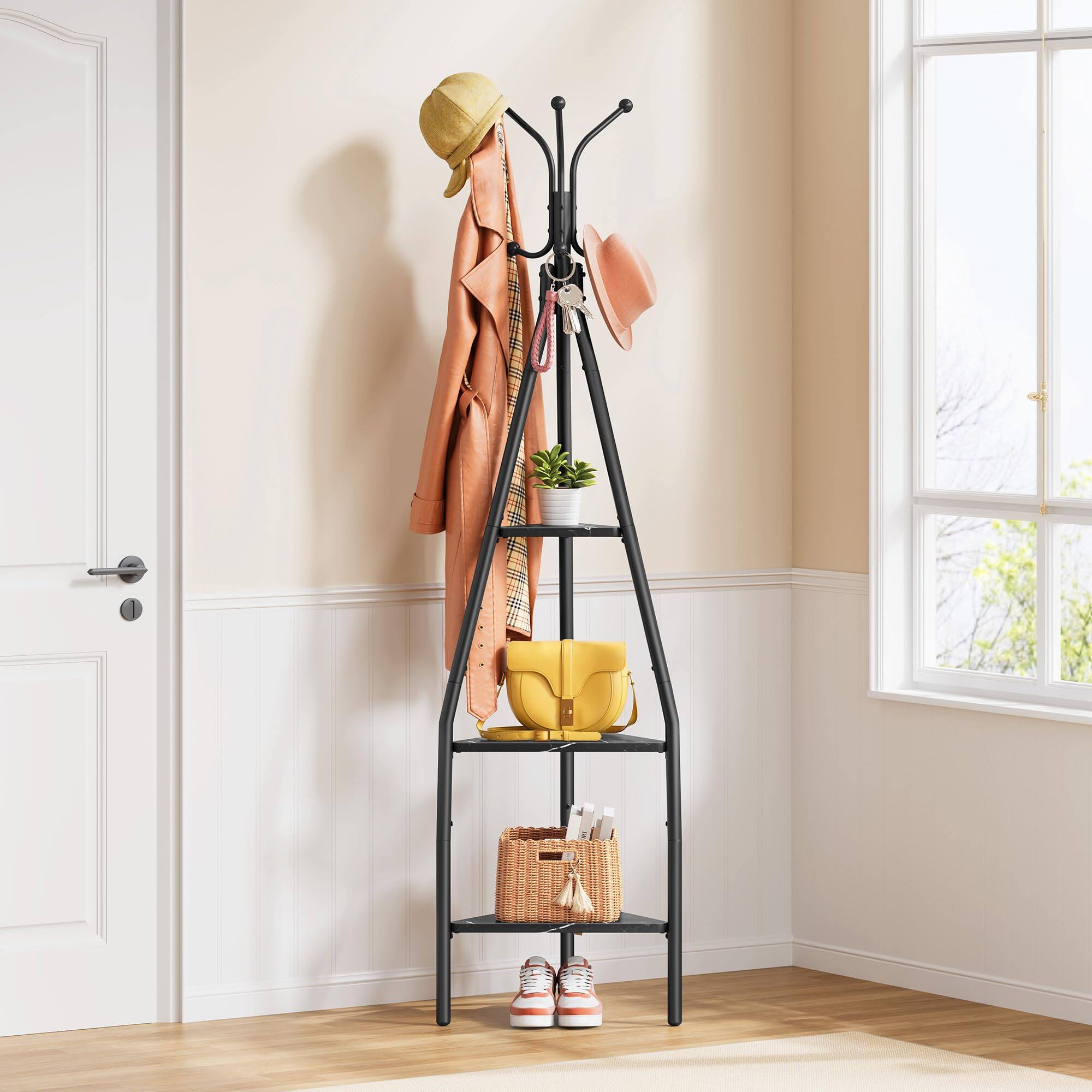 Front. Refined Abode Design - 3-tier Coat Rack Freestanding With Shelves Industrial Stand Storage Mordern Tree Free Standing For Clothes ... - Marbled Black.