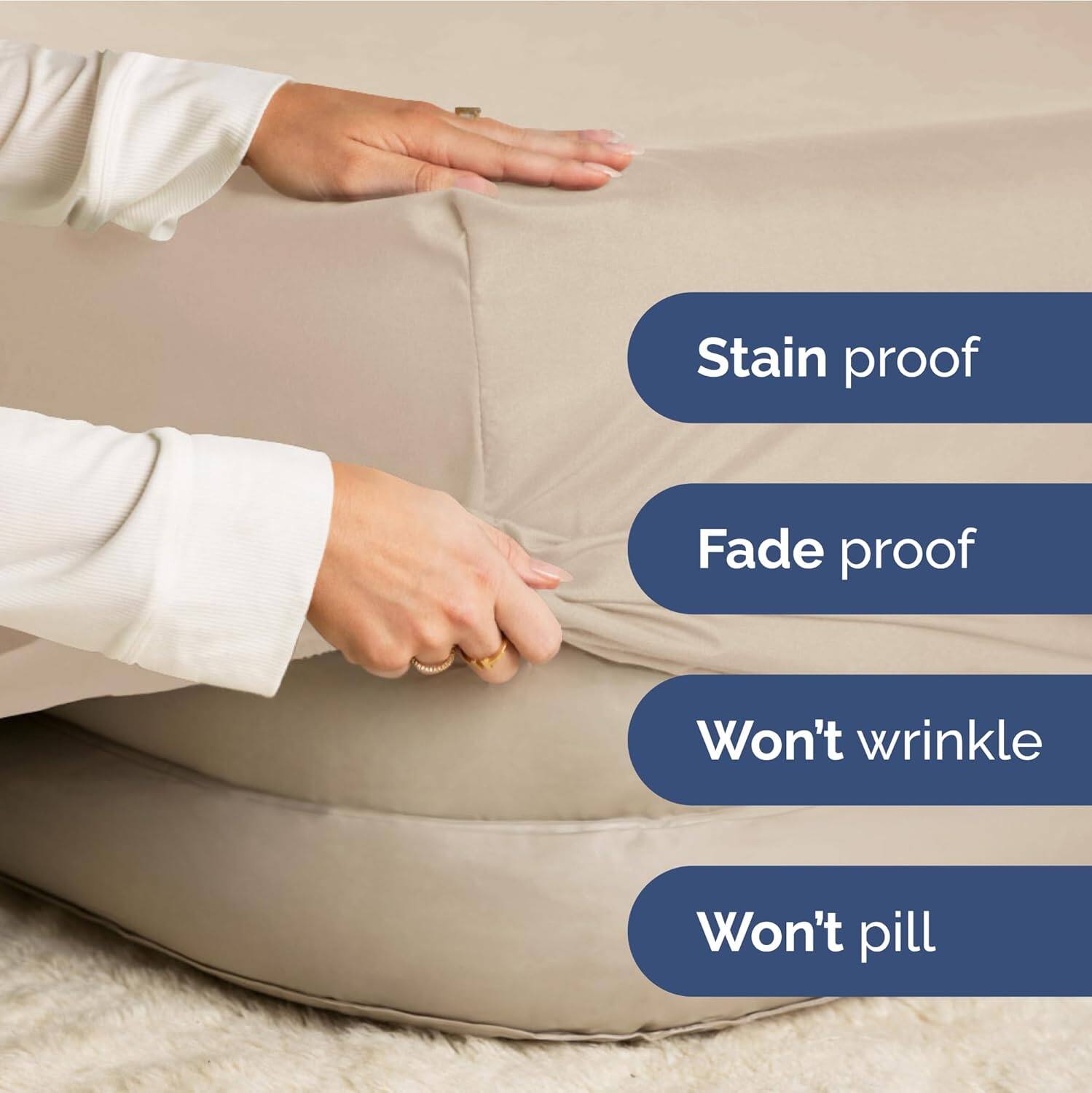 Stain proof  
Fade proof  
Won't wrinkle  
Won't pill