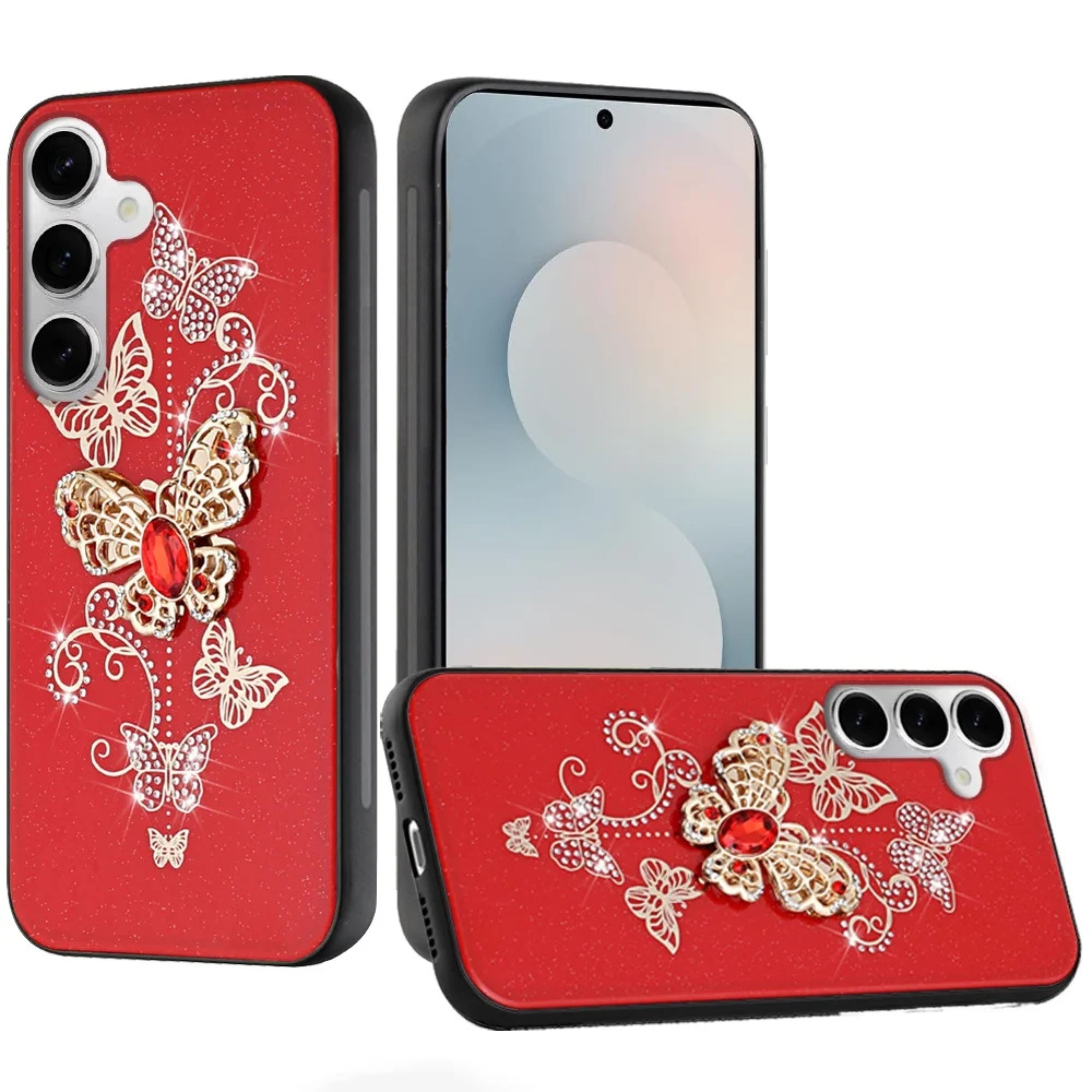 Kitcheniva - Sparkling Rhinestone Decorative Phone Case With Tempered Glass For Samsung S25 FE Garden - Red