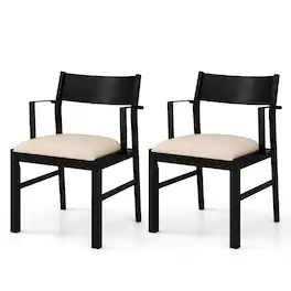 Gymax - Dining Chair w/ Arms Set of 2 Modern Kitchen Chairs & Contoured Backrest Black & Beige - Black, Beige
