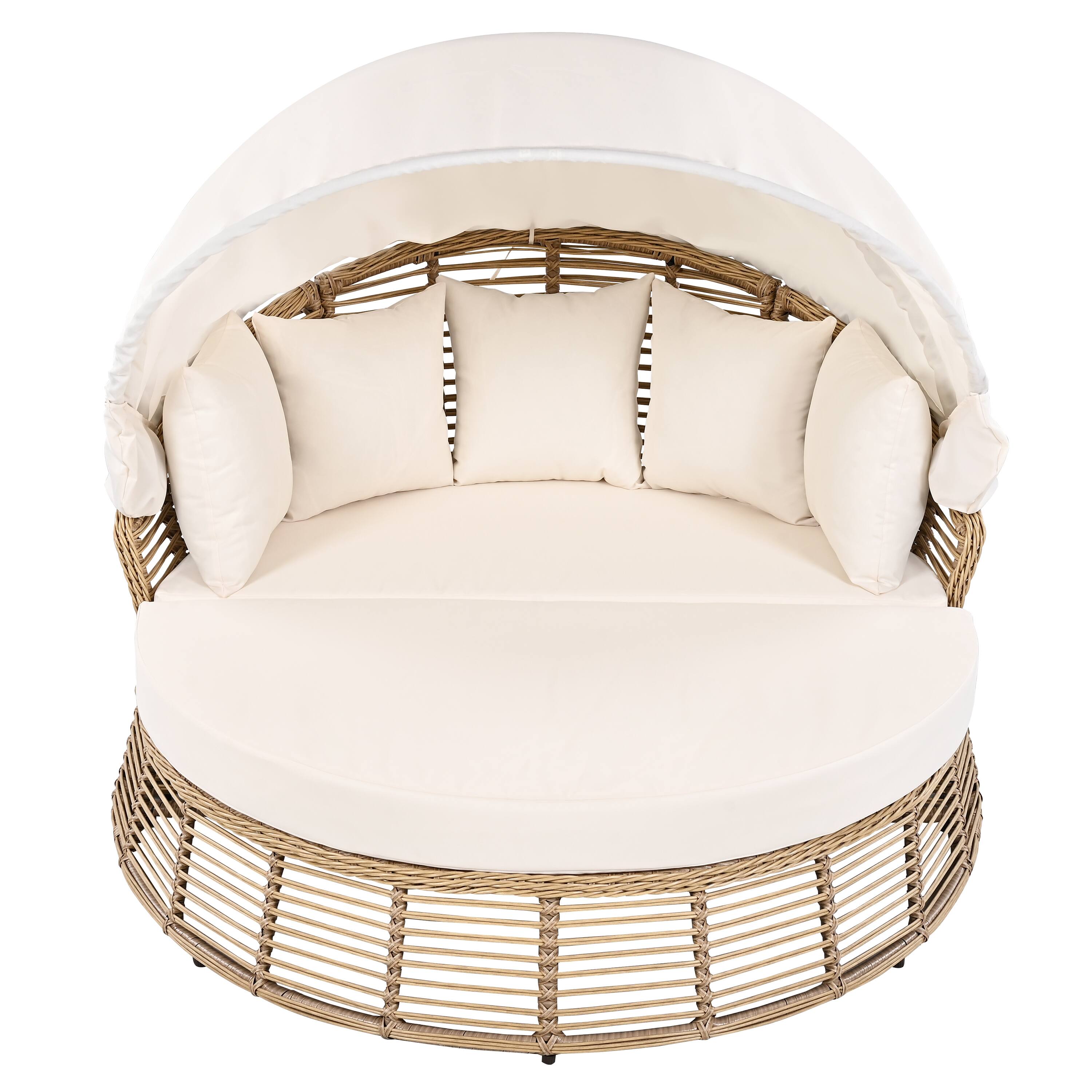 Back. Whisen - Outdoor Wicker Round Daybed with Retractable Canopy, Patio Furniture Sunbed with Cushions for Poolside - Beige.