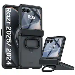 Dteck - Rugged Case for Motorola Razr (2026) with Ring Kickstand, Translucent Hinge Protective Cover Built-in Screen Protector - Black
