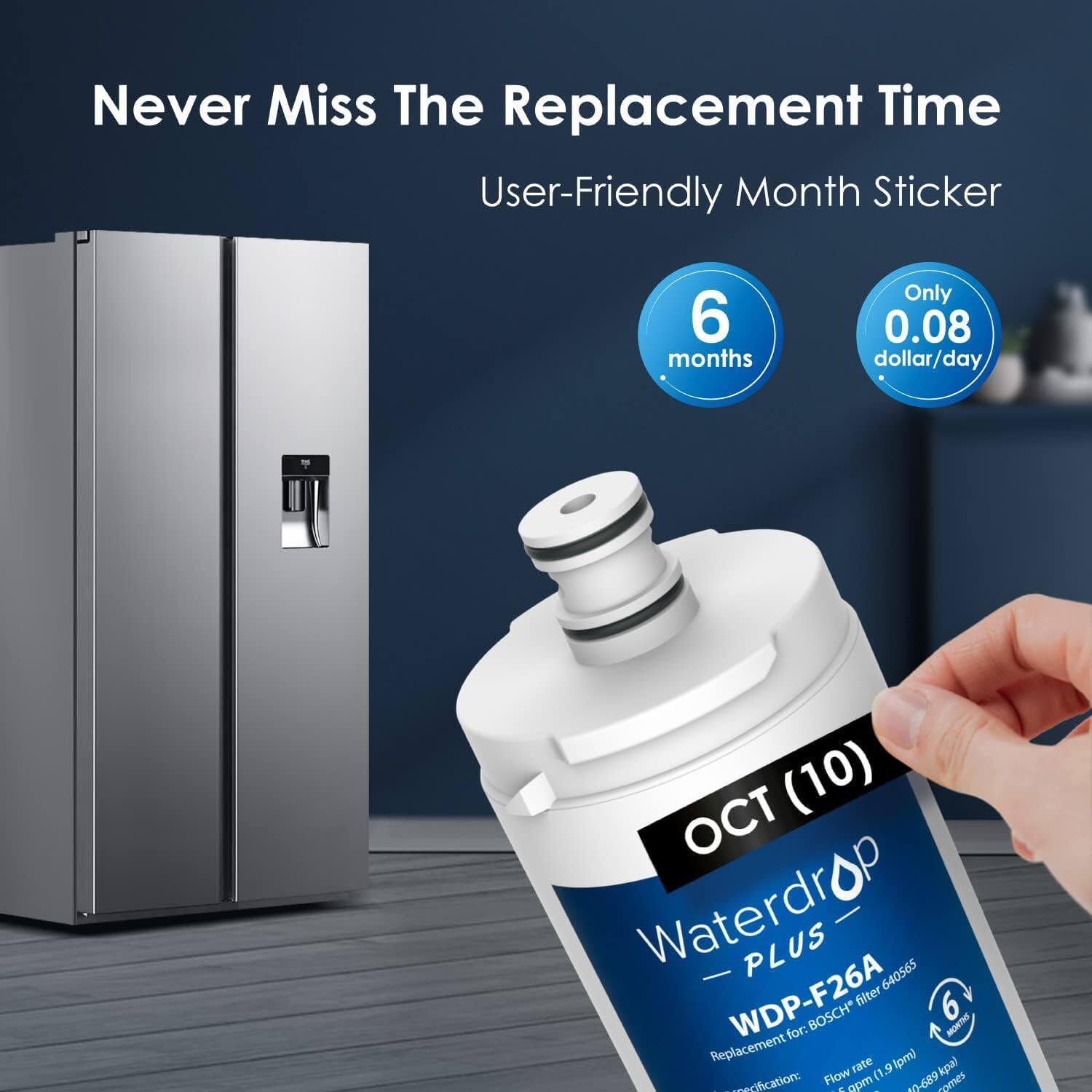 Never Miss The Replacement Time  
User-Friendly Month Sticker  

6 months  
Only 0.08 dollar/day  

OCT (10)  
Waterdrop PLUS  
WDP-F26A  
Replacement for: BOSCH filter 640565  
Flow rate: 10-689 gpm  
6 months  

Waterdrop  
PLUS  
WDP-F26A  
Replacement for: BOSCH filter 640565  
Flow rate: 10-689 gpm  
6 months