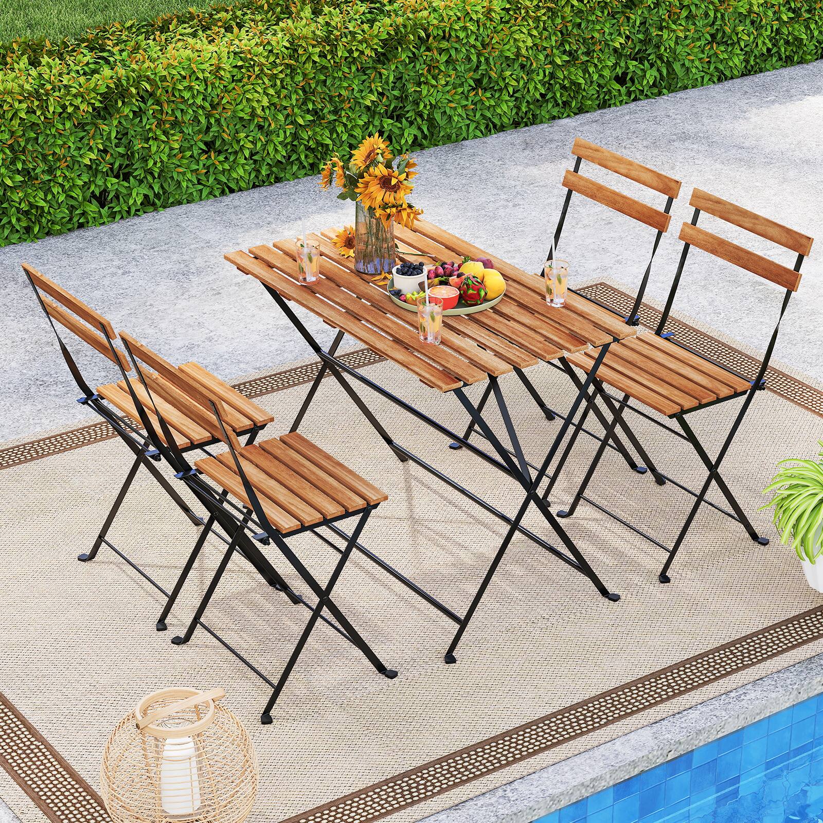Alt View 1. Gymax - Gymax 5 PCS Patio Acacia Wood Dining Set w/ 4 Folding Chairs Slatted Seat & Tabletop - Black, Brown.