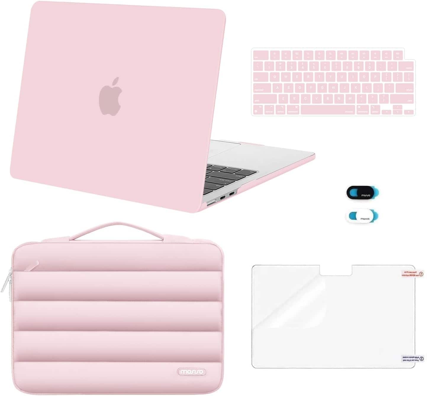 mosiso - Hard Case Set for MacBook Air 13 inch M5 M4 M3 M2 2022-2026 with Puffy Bag&Keyboard Cover&Webcam Cover&Screen Protector - Baby Pink