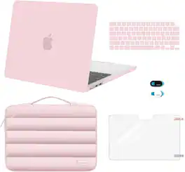 mosiso - Hard Case Set for MacBook Air 13 inch M5 M4 M3 M2 2022-2026 with Puffy Bag&Keyboard Cover&Webcam Cover&Screen Protector - Baby Pink