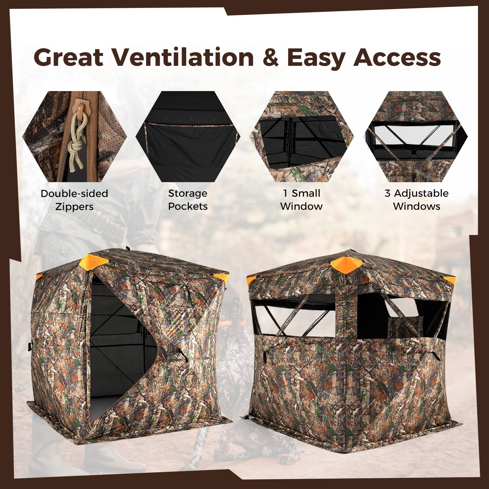 Great Ventilation & Easy Access

- Double-sided Zippers
- Storage Pockets
- 1 Small Window
- 3 Adjustable Windows